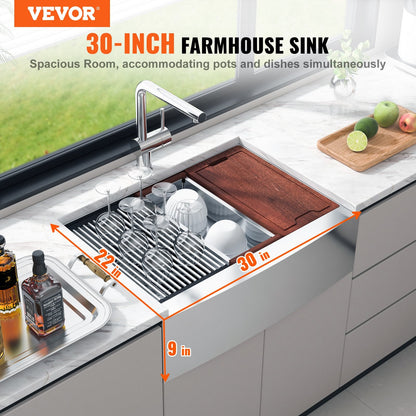 Stainless Steel Farmhouse Sink, 0.76m x 0.56m, Single Bowl with Accessories