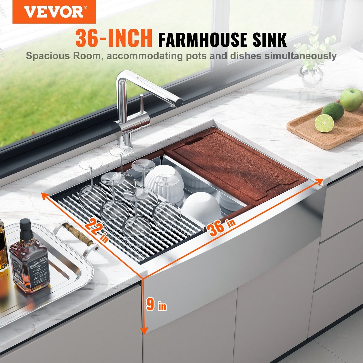 Farmhouse Kitchen Sink, 304 Stainless Steel, 0.91m Top Mount Single Bowl Basin