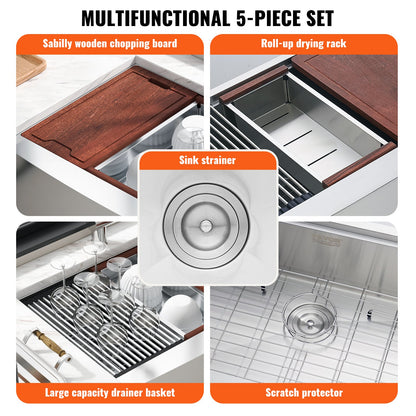 VEVOR Farmhouse Kitchen Sink, 304 Stainless Steel Drop-In Sinks, Top Mount Single