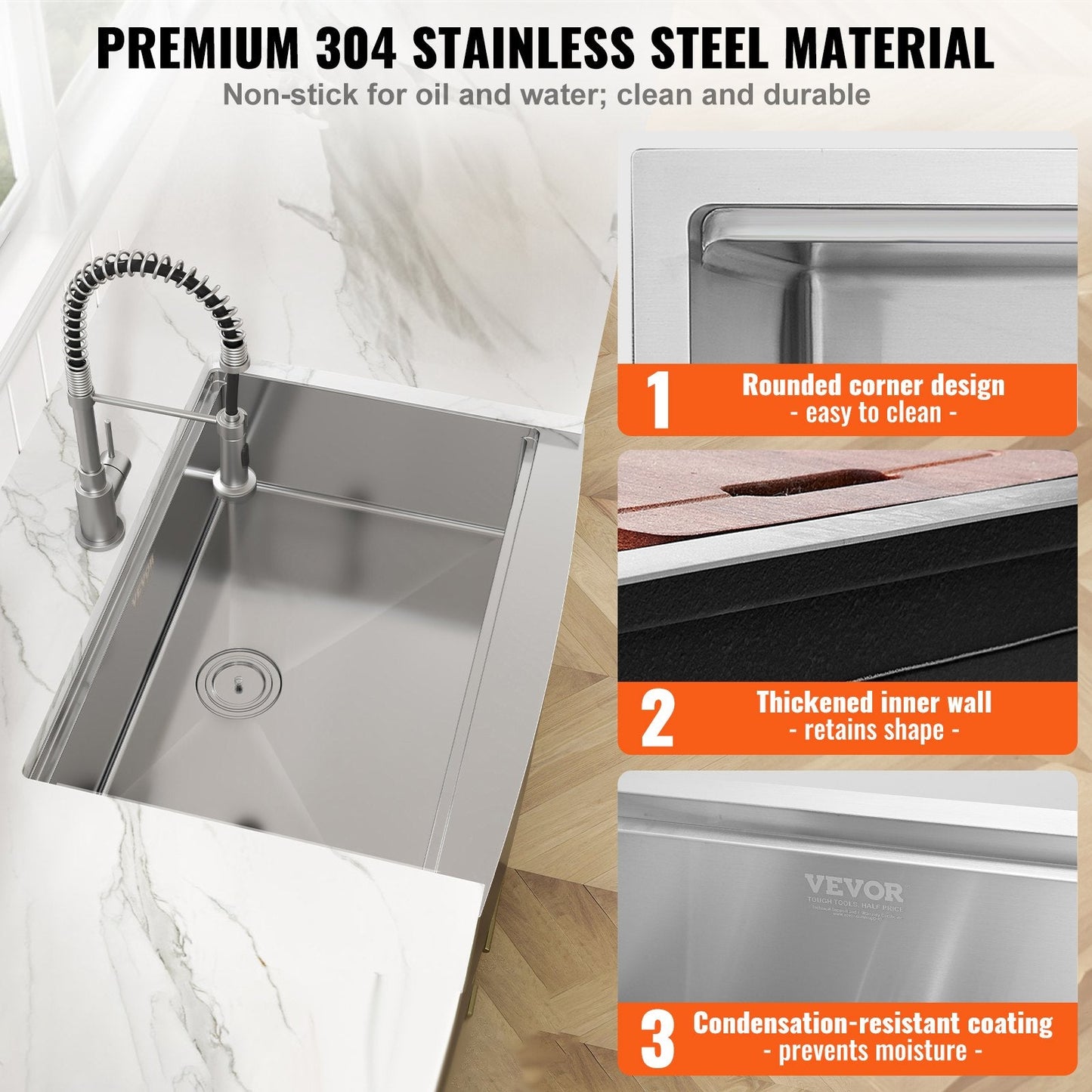 Farmhouse Kitchen Sink, 304 Stainless Steel, 0.91m Top Mount Single Bowl Basin
