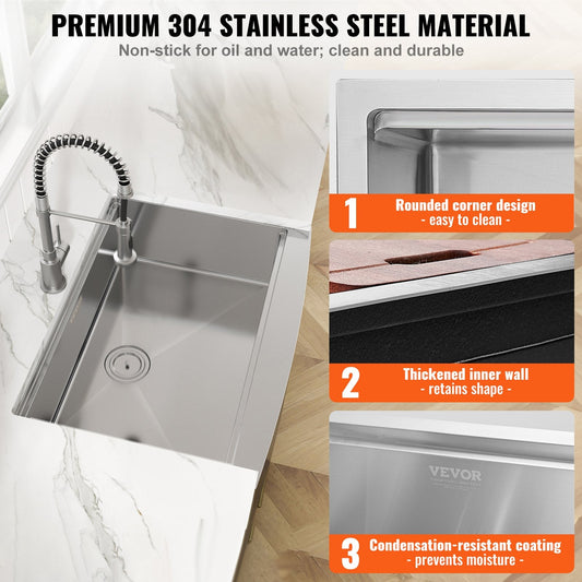 Farmhouse Kitchen Sink, 304 Stainless Steel, 0.91m Top Mount Single Bowl Basin