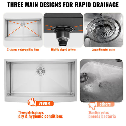 VEVOR Farmhouse Kitchen Sink, 304 Stainless Steel Drop-In Sinks, Top Mount Single
