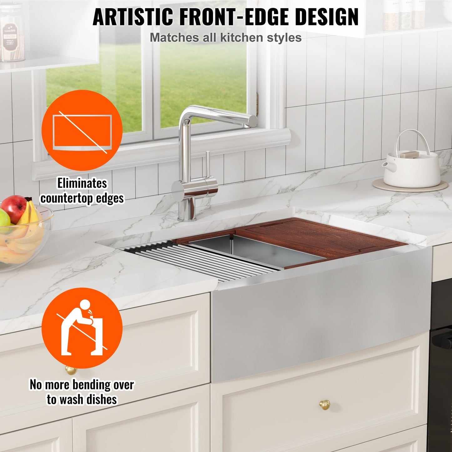 Farmhouse Kitchen Sink, 304 Stainless Steel, 0.91m Top Mount Single Bowl Basin