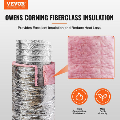 Insulated Flexible Duct 0.25m Diameter, 7.62m Long with Clamps for HVAC Systems