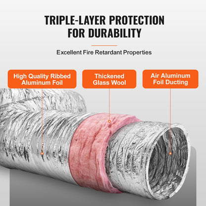 VEVOR Dryer Vent Hose, 254MM Insulated Flexible Duct 7.62M Long with 2 Duct Clamps,