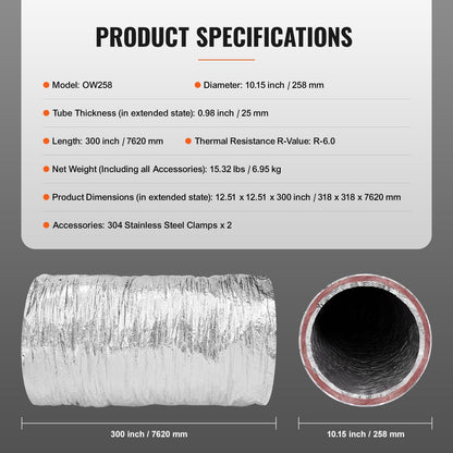Insulated Flexible Duct 0.25m Diameter, 7.62m Long with Clamps for HVAC Systems