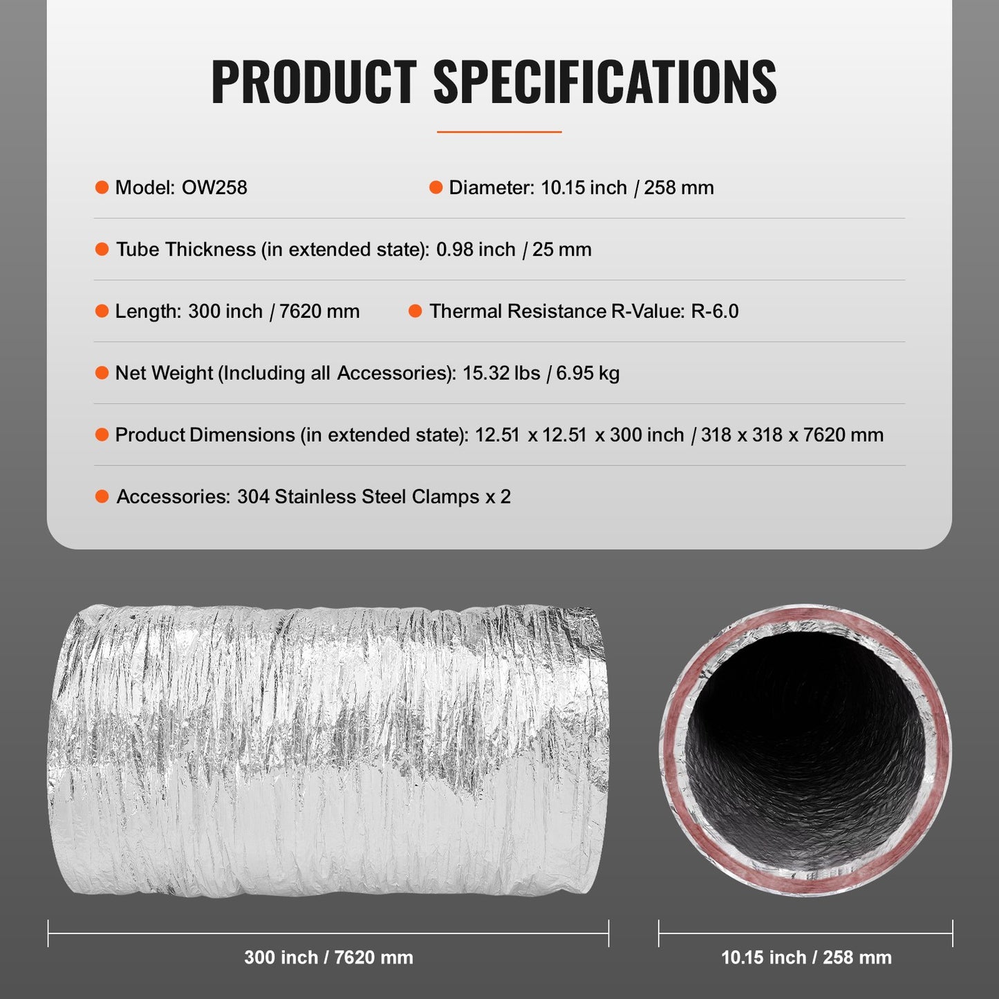 VEVOR Dryer Vent Hose, 254MM Insulated Flexible Duct 7.62M Long with 2 Duct Clamps,