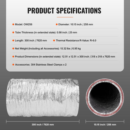 VEVOR Dryer Vent Hose, 254MM Insulated Flexible Duct 7.62M Long with 2 Duct Clamps,