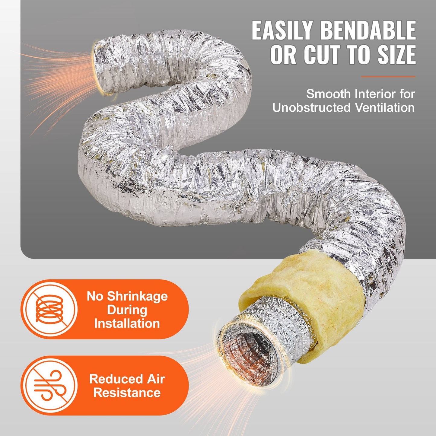 Insulated 5" Flexible Duct, 7.62m with Clamps, Triple-Layer Protection HVAC Use