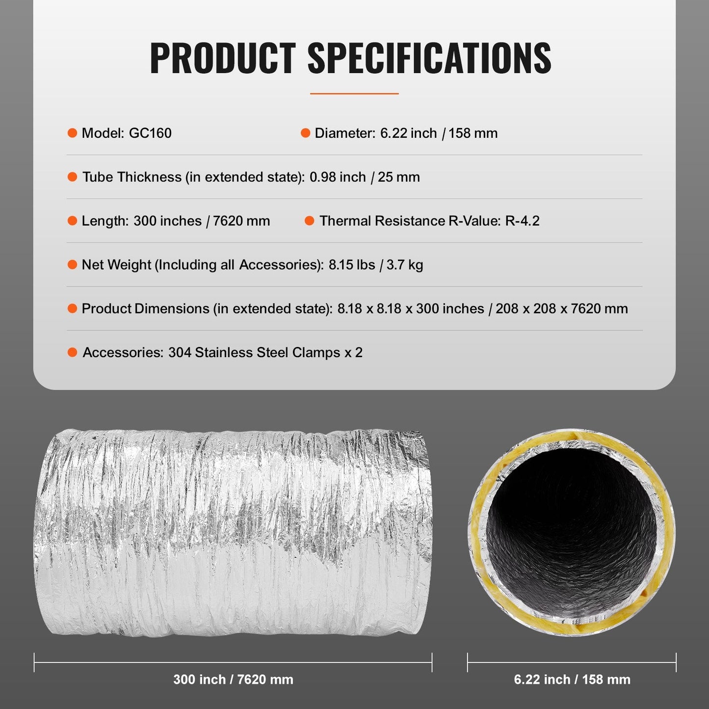 Insulated Flexible Duct 152.4MM x 7.62M, R-4.2, with Clamps for HVAC Systems