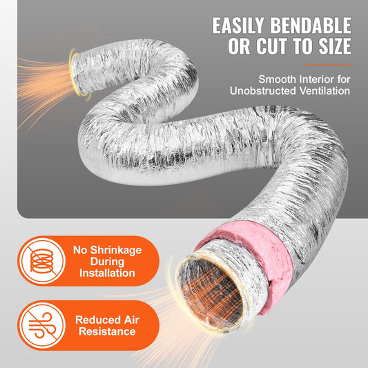 Insulated Flexible Dryer Vent Hose, 0.2m Diameter, 7.6m Long with Clamps