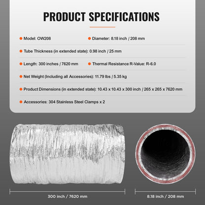 VEVOR Dryer Vent Hose, 203.2MM Insulated Flexible Duct 7.62M Long with 2 Duct Clamps,