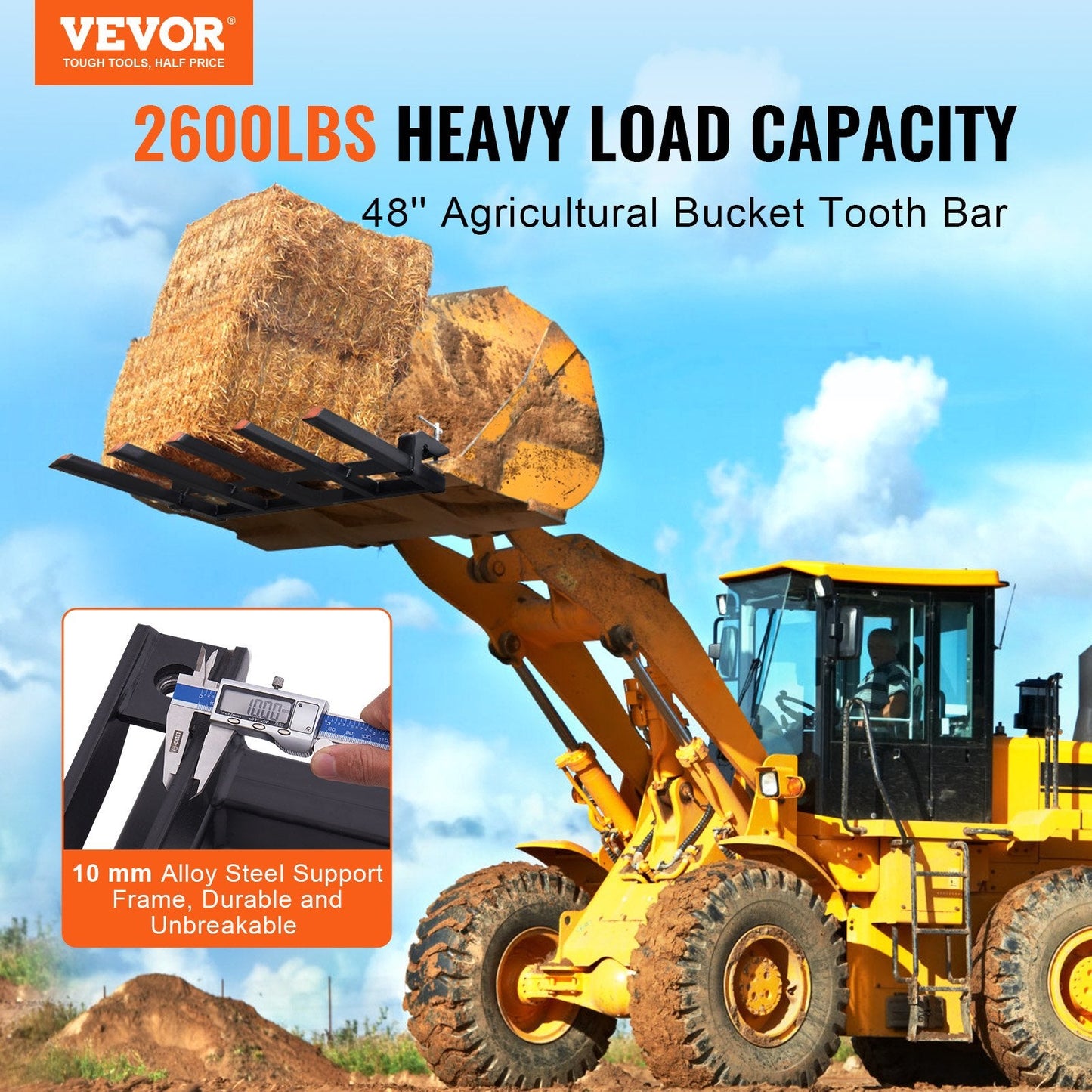 Heavy Duty Clamp-On Debris Forks for 1.2 m Bucket, 1200 kg Capacity, 5 Teeth