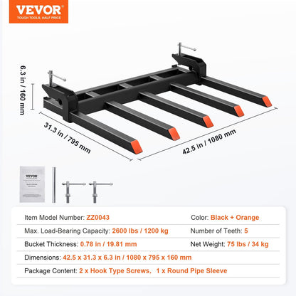 Heavy Duty Clamp-On Debris Forks for 1.2 m Bucket, 1200 kg Capacity, 5 Teeth