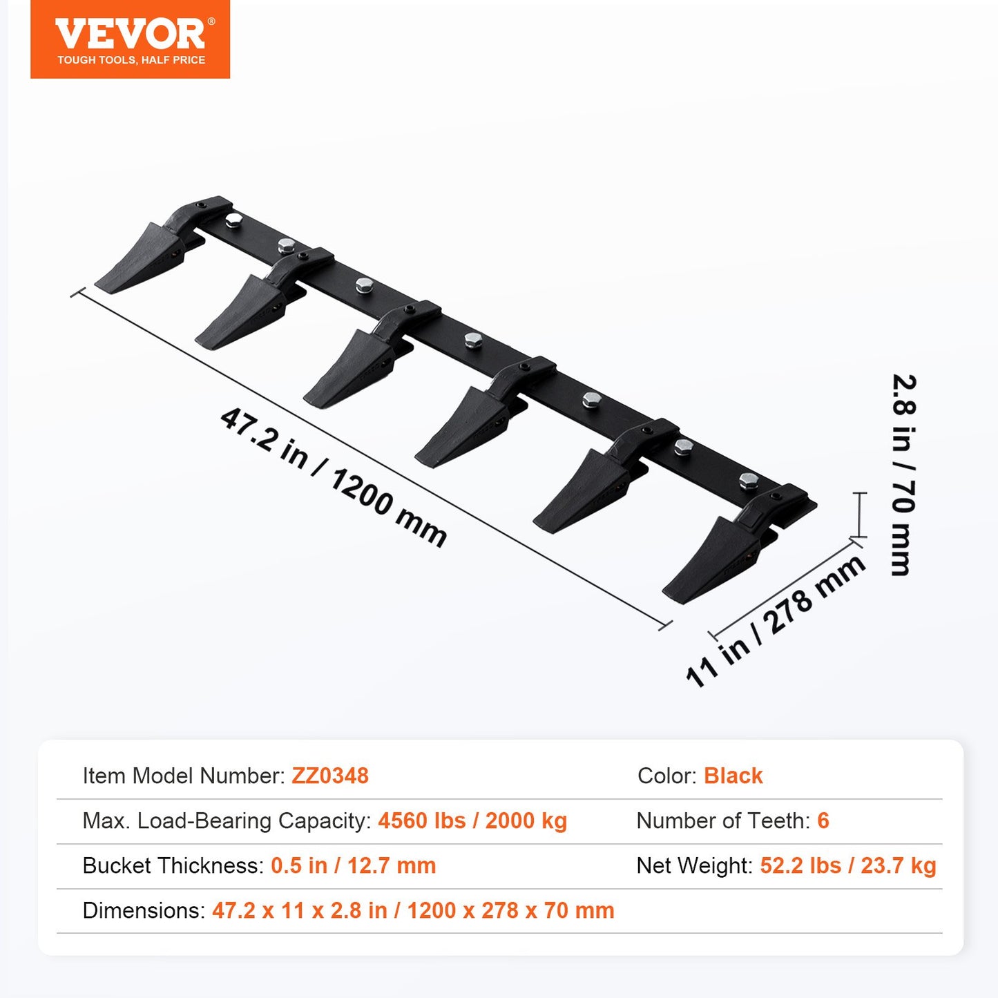 VEVOR Bucket Tooth Bar, 1200 mm, Heavy Duty Tractor Bucket 6 Teeth Bar for Loader