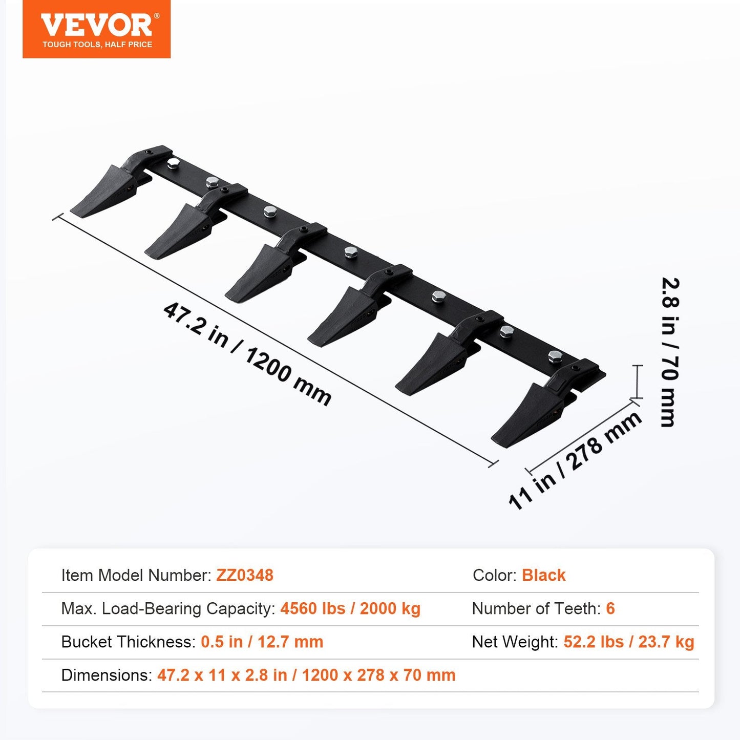 Heavy Duty 1.2m Tractor Bucket Tooth Bar, 6 Teeth, 2000 kg Capacity