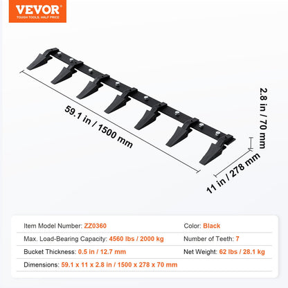 VEVOR Bucket Tooth Bar, 1500mm, Heavy Duty Tractor Bucket 7 Teeth Bar for Loader