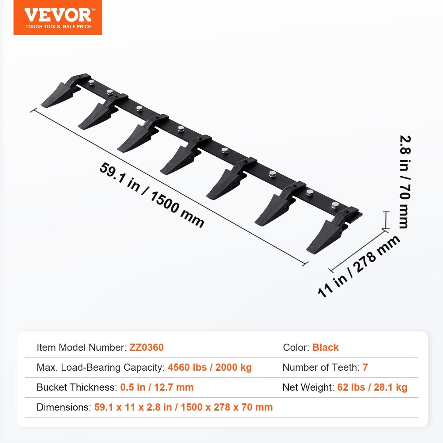 Heavy Duty 1.5m Tractor Bucket Tooth Bar, 7 Teeth, 2000 kg Load Capacity