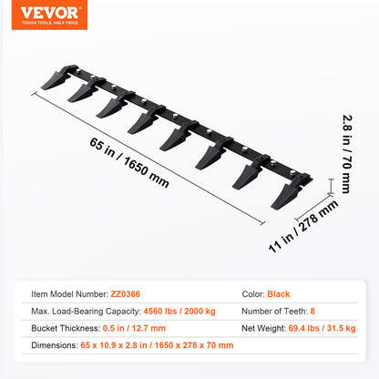 VEVOR Bucket Tooth Bar, 1650mm, Heavy Duty Tractor Bucket 8 Teeth Bar for Loader