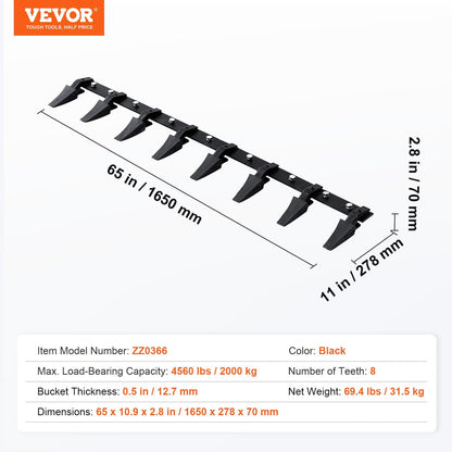 Heavy Duty 1.65m Tractor Tooth Bar, 8 Teeth, 2000kg Capacity for Loaders