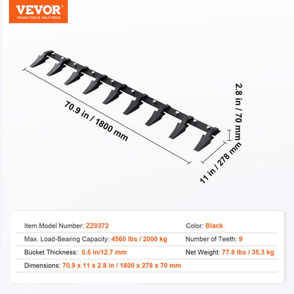 VEVOR Bucket Tooth Bar, 1800mm, Heavy Duty Tractor Bucket 9 Teeth Bar for Loader