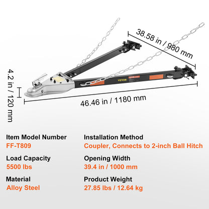 VEVOR Tow Bar, 2495 kg Towing Capacity with Chains, Powder-Coating Alloy Steel Bumper-Mounted