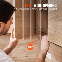 100-degree opening angle provides broad access while allowing controlled cushioned cabinet door closure