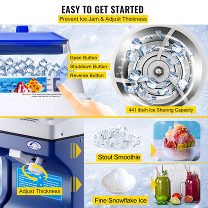 Commercial Ice Shaver & Snow Cone Maker, 200 kg/hr, 0.28x0.37x0.55 m, 13 kg