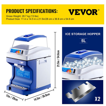 Commercial Ice Shaver & Snow Cone Maker, 200 kg/hr, 0.28x0.37x0.55 m, 13 kg