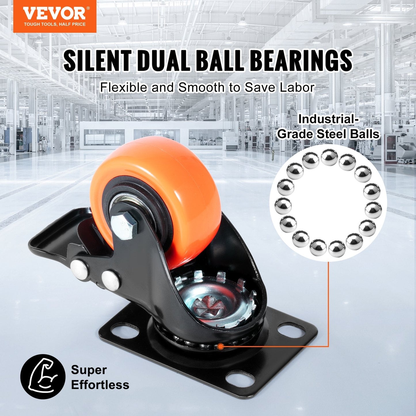 Swivel Plate Casters Set, 50.8 mm, 68 kg Load, Dual Locking, Silent PVC Wheels