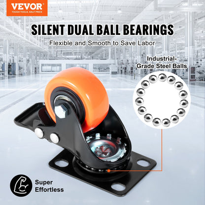 Swivel Plate Casters Set, 50.8 mm, 68 kg Load, Dual Locking, Silent PVC Wheels