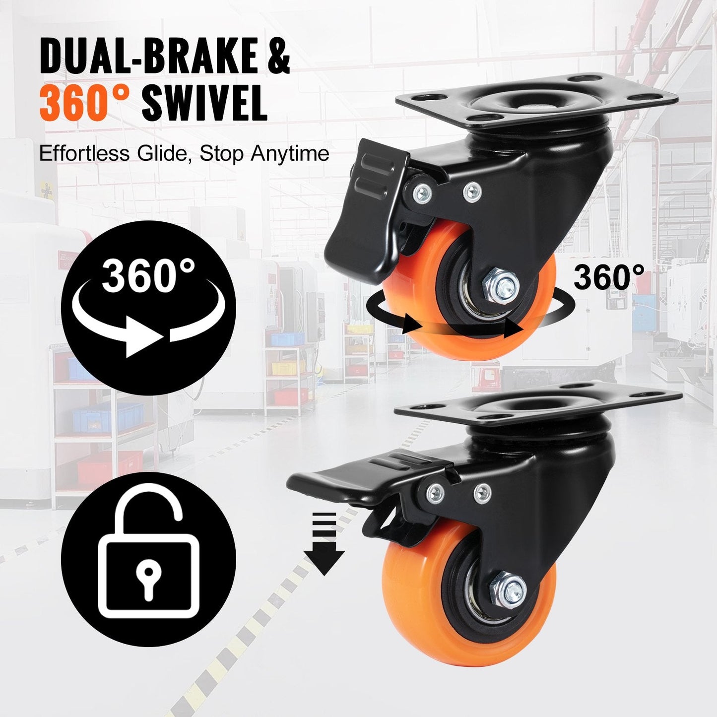Swivel Plate Casters Set, 50.8 mm, 68 kg Load, Dual Locking, Silent PVC Wheels