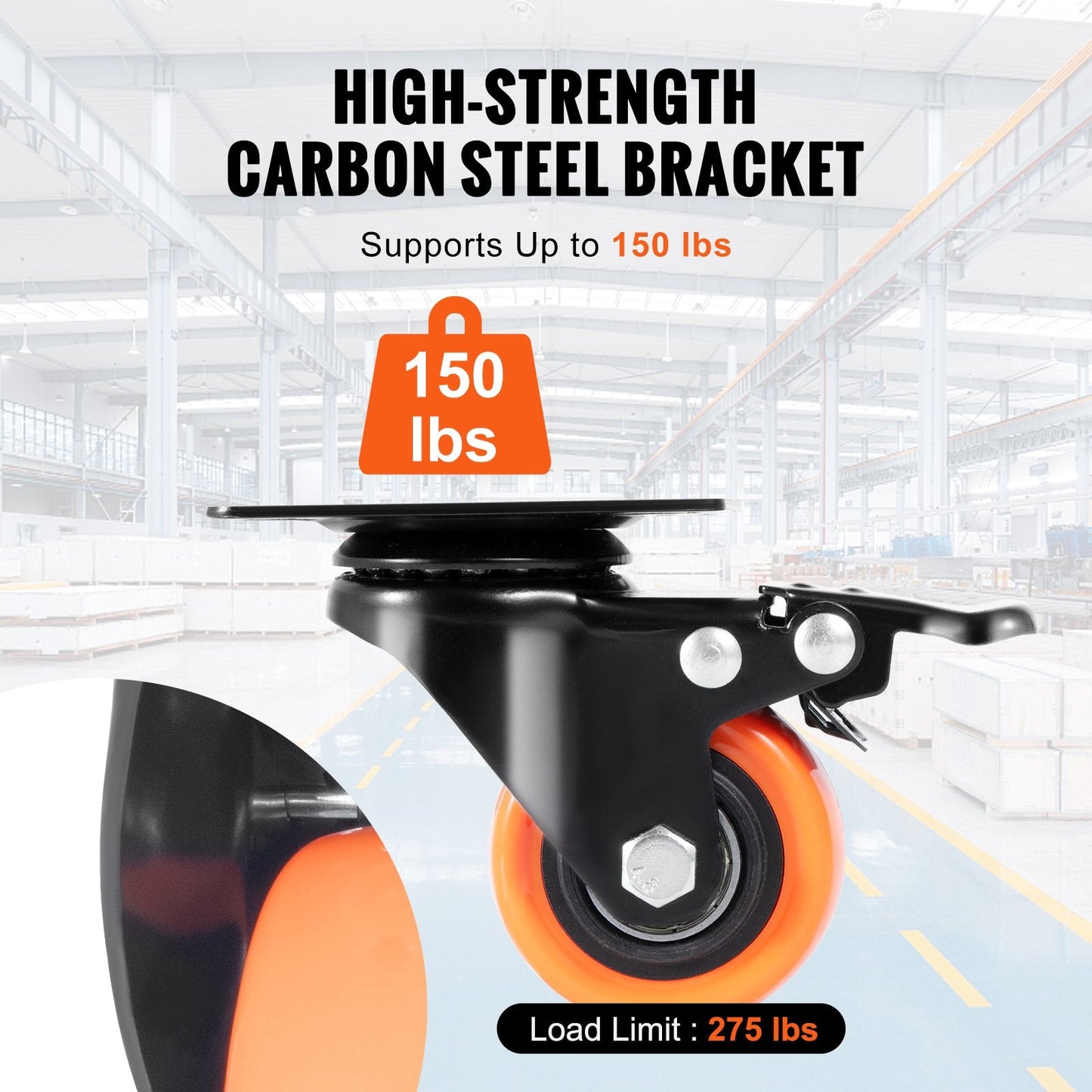 Swivel Plate Casters Set, 50.8 mm, 68 kg Load, Dual Locking, Silent PVC Wheels