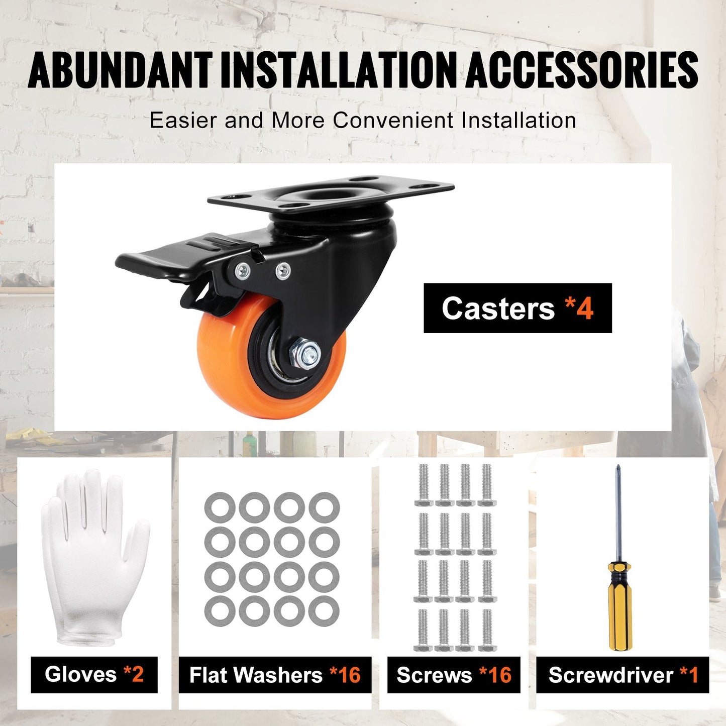 Swivel Plate Casters Set, 50.8 mm, 68 kg Load, Dual Locking, Silent PVC Wheels