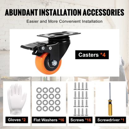 Swivel Plate Casters Set, 50.8 mm, 68 kg Load, Dual Locking, Silent PVC Wheels