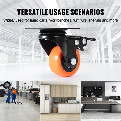 Swivel Plate Casters Set, 50.8 mm, 68 kg Load, Dual Locking, Silent PVC Wheels
