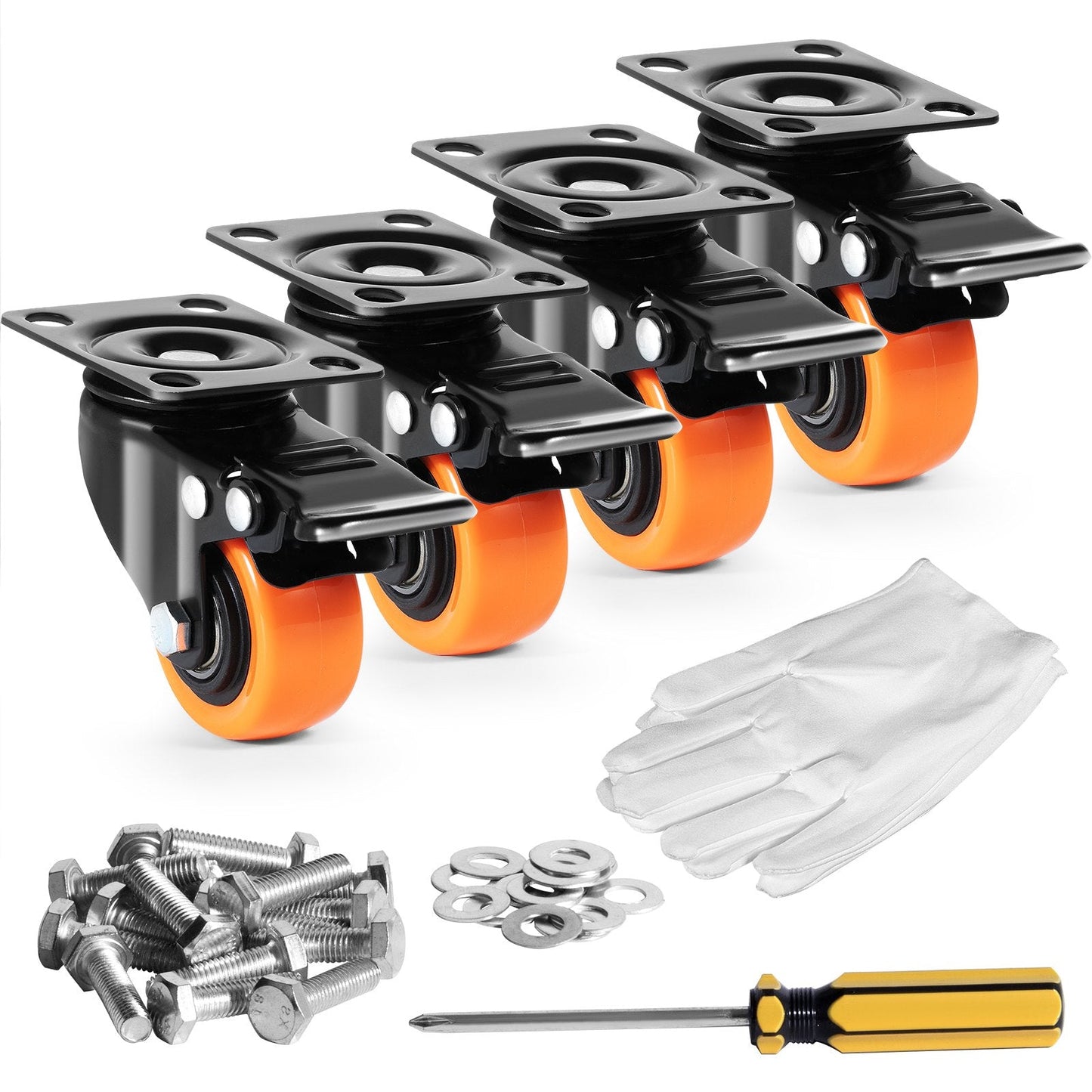 Swivel Plate Casters Set, 50.8 mm, 68 kg Load, Dual Locking, Silent PVC Wheels