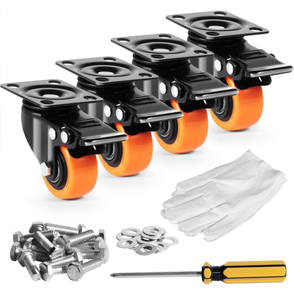 Swivel Plate Casters Set, 50.8 mm, 68 kg Load, Dual Locking, Silent PVC Wheels