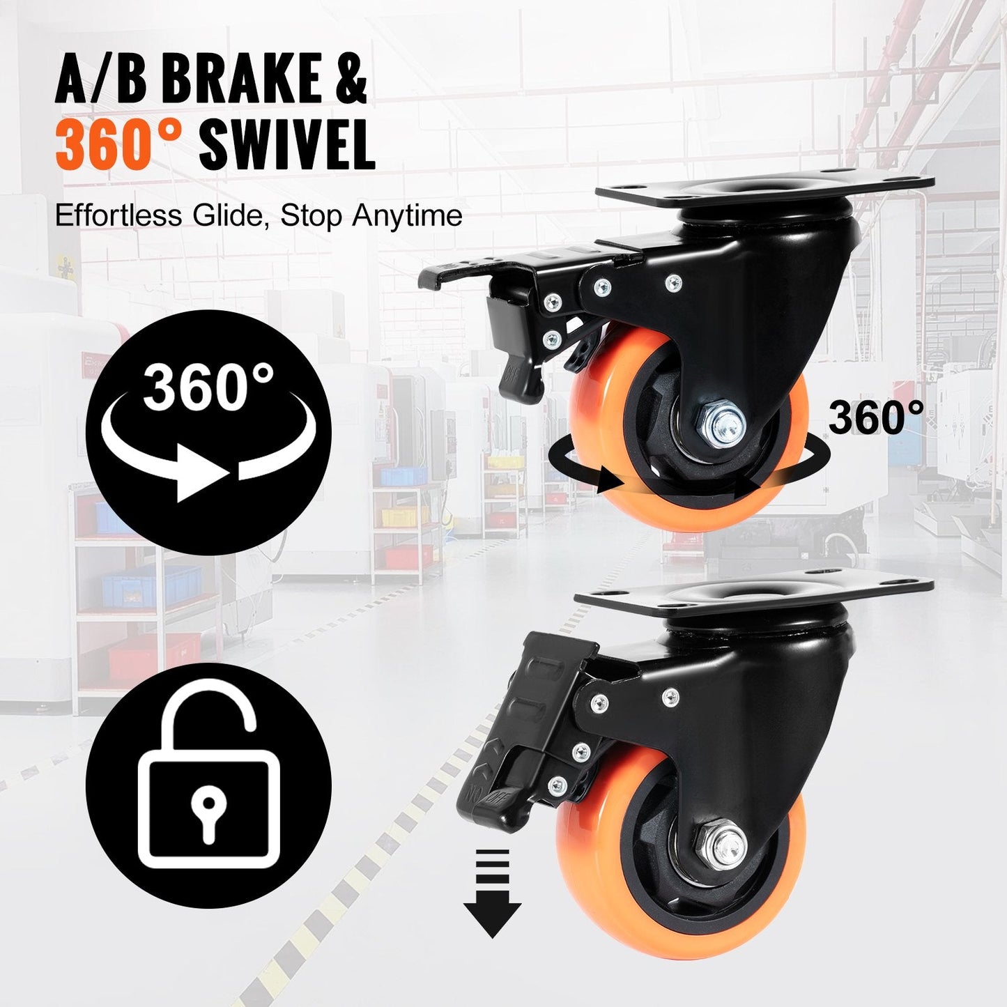 76.2 mm Swivel Casters Set of 4, 113 kg Load, Non-Marking PVC Wheels