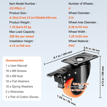76.2 mm Swivel Casters Set of 4, 113 kg Load, Non-Marking PVC Wheels