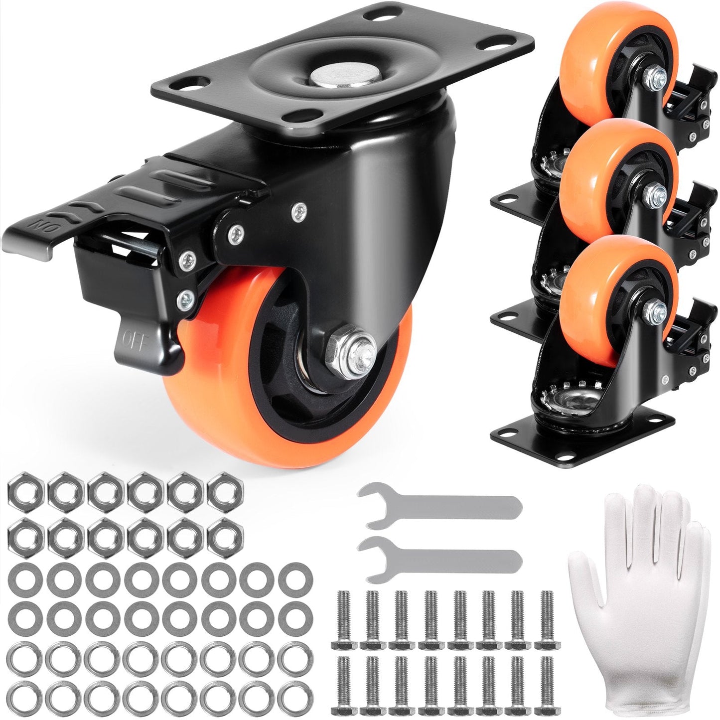 76.2 mm Swivel Casters Set of 4, 113 kg Load, Non-Marking PVC Wheels