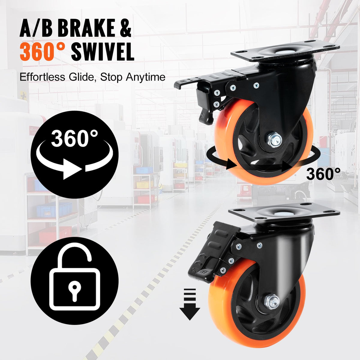 VEVOR Caster Wheels, 101.6 mm Swivel Plate Casters, Set of 4, with Security A/B