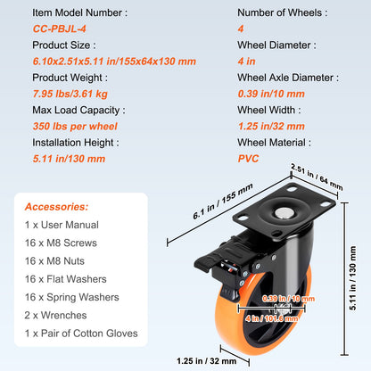 VEVOR Caster Wheels, 101.6 mm Swivel Plate Casters, Set of 4, with Security A/B