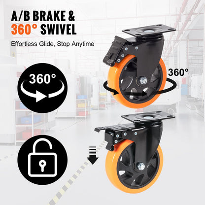 Swivel Caster Wheels Set, 127 mm, 4-Pack with Secure Lock, 204 kg Capacity Each
