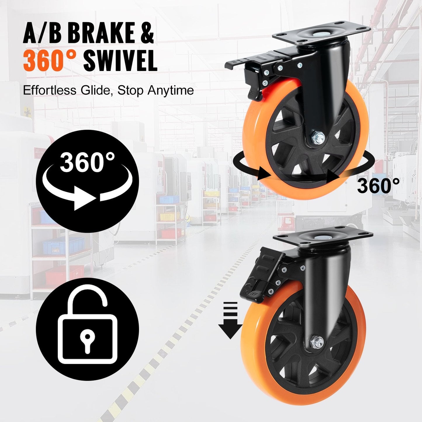 Heavy-Duty 152 mm Swivel Casters with Locking, 318 kg Load, Set of 4