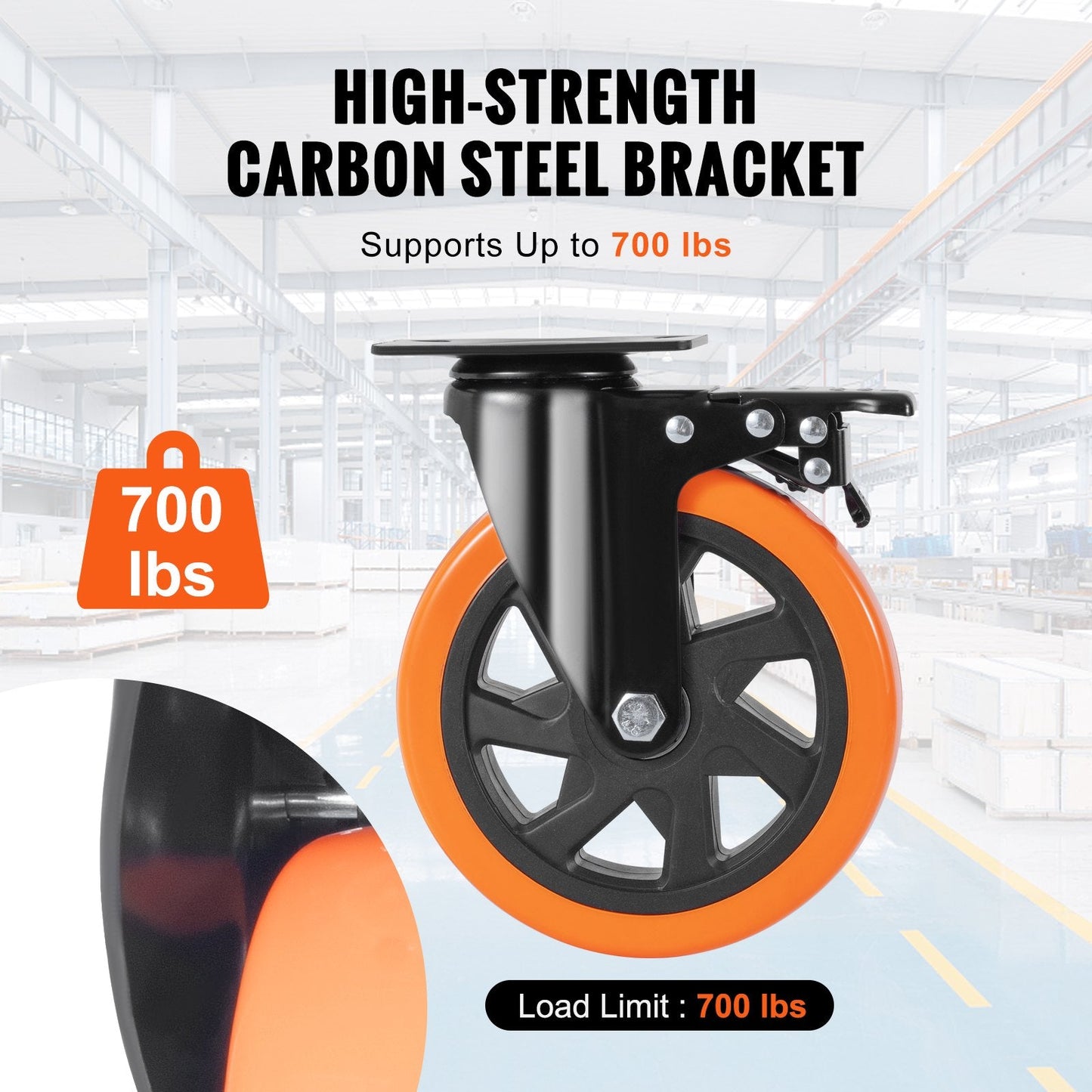Heavy-Duty 152 mm Swivel Casters with Locking, 318 kg Load, Set of 4