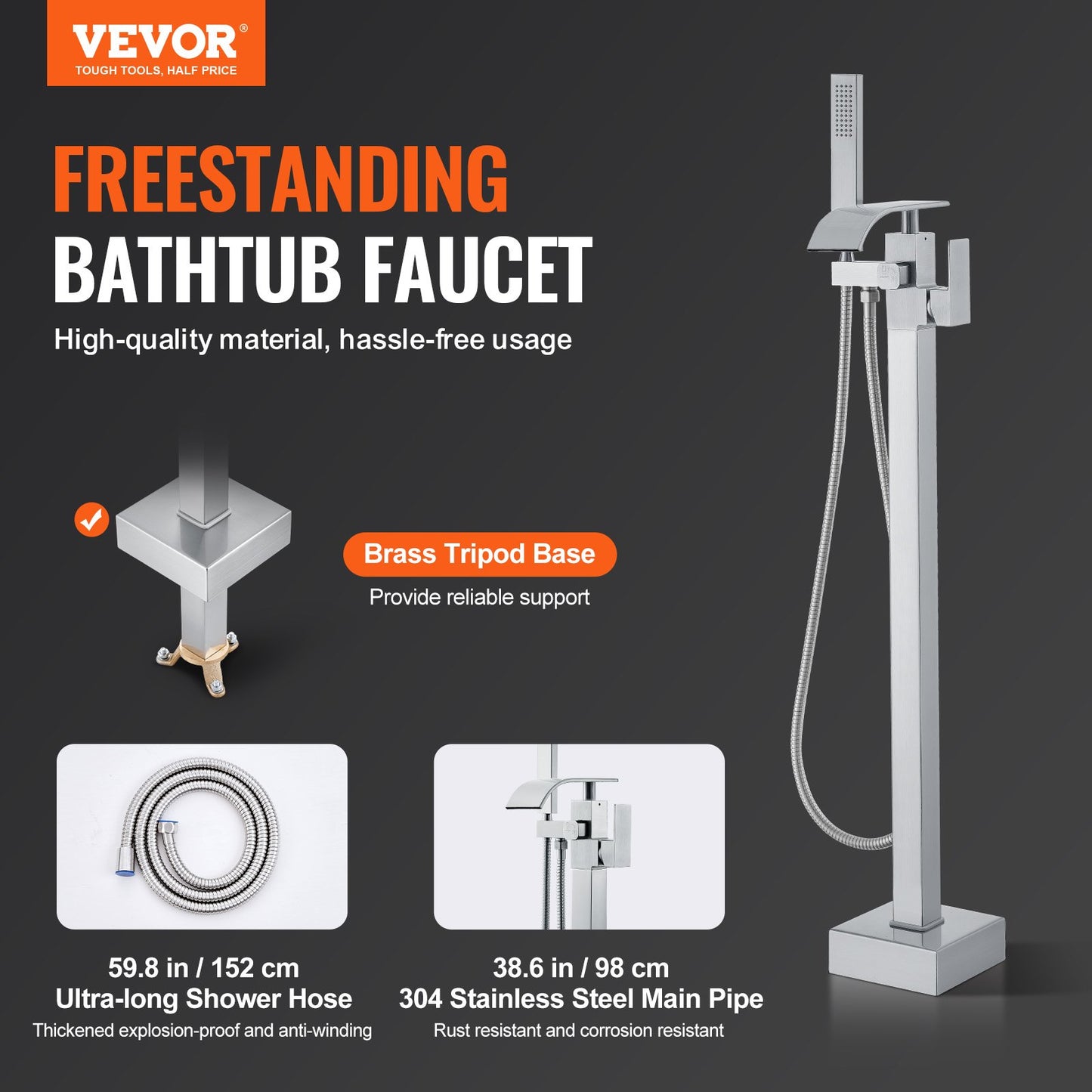 VEVOR Freestanding Bathtub Faucet, Floor Mount, Freestanding Tub Filler, Shower