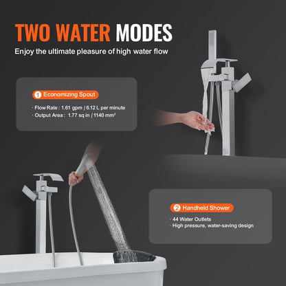 Freestanding Bathtub Faucet with Handheld Shower, Floor Mount, 360° Swivel Spout