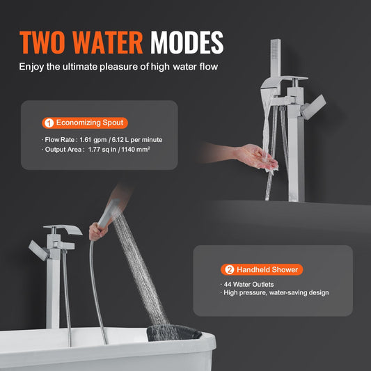 Freestanding Bathtub Faucet with Handheld Shower, Floor Mount, 360° Swivel Spout