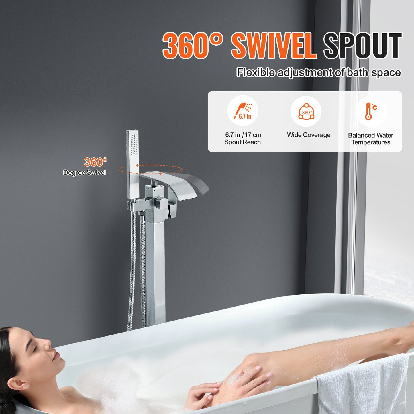 VEVOR Freestanding Bathtub Faucet, Floor Mount, Freestanding Tub Filler, Shower